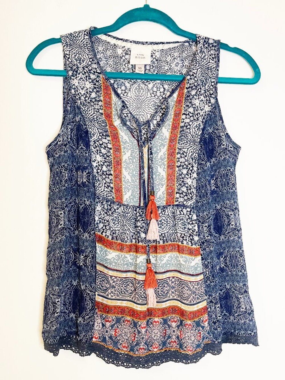 Knox Rose Boho Tassel Tank Top XS Blue Paisley Sleeveless Peasant Blouse